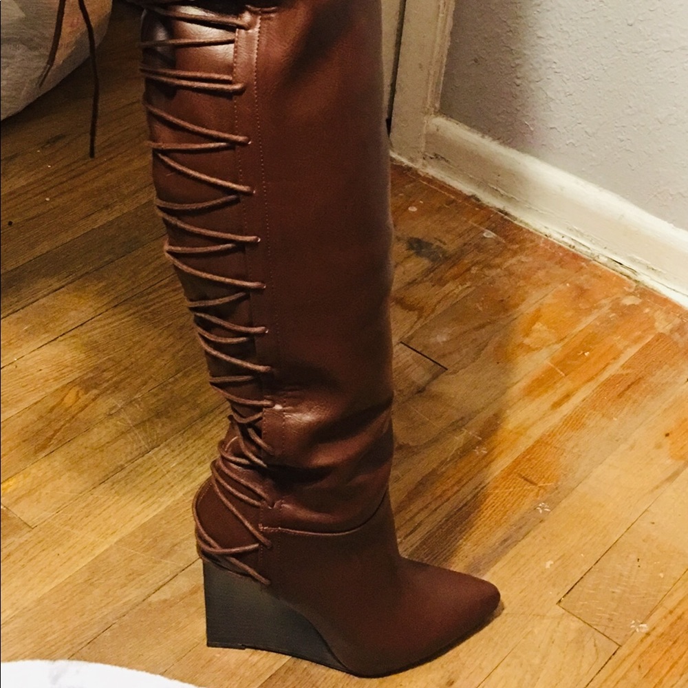 Wide Calf Thigh High Cognac Zip-Up Boots